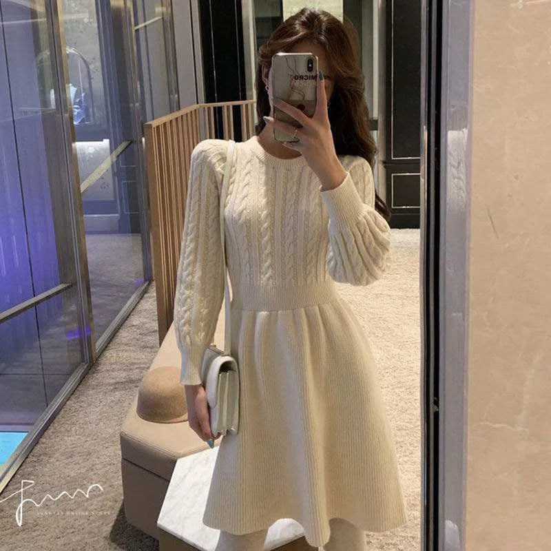 Koisoon Women Sweater Long Sleeve Dresses Autumn Winter Knitted Patchwork Slim O Neck Elegant Solid Color New Year Pullover Dresses