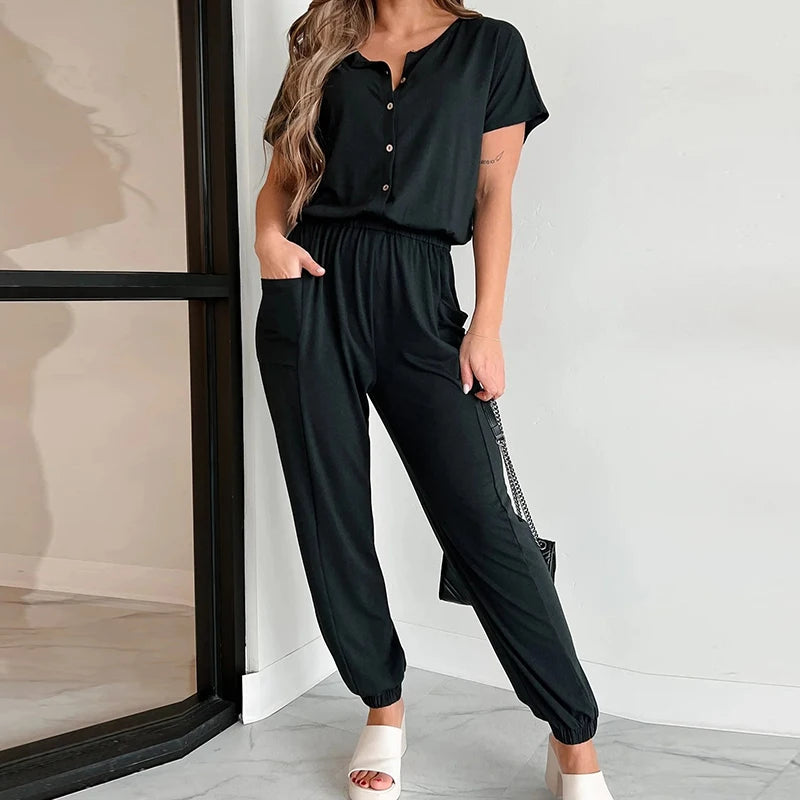 Koisoon New Spring Summer Short Sleeve T-shirt Jumpsuit Women V-neck Button Straight Playsuit Casual Pencil Pants Pocket Romper Overalls