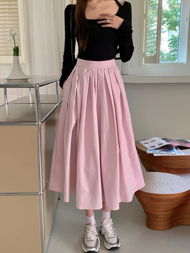 Koisoon Elegant Women Pockets Pleated Skirts For Ladies 2024 Spring Summer A-Line Loose Casual High Waist Midi Skirt SK25