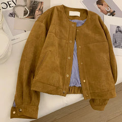 Koisoon Suede Short Jacket Women Korean Camel Fashion Long Sleeve Flight Suit Harajuku Single Breasted Loose Tops Female Vintage Coats