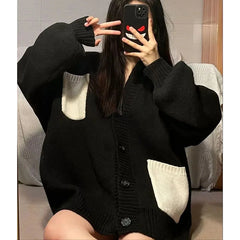 Koisoon Women Cardigan Knitted Sweater Fashion Korean Streetwear Patchwork Loose Coats Casual Female All Match Jacket Autumn New