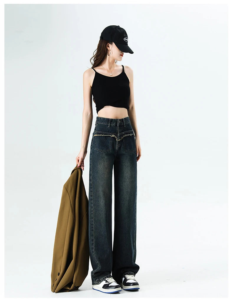 Koisoon Original Design Pocket Ragged Edge Wide Leg Jeans 2024 New Spring And Summer Women's High Waist Loose Casual Straight Leg Jeans