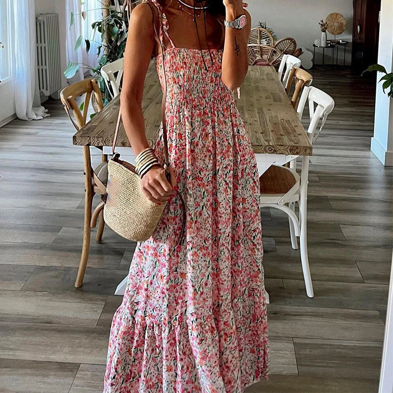 Koisoon Bohemian Floral Print Pleats Women's Dress Sexy Slash Neck Strap Long Dress Fashion Summer Sleeveless High Waist Beach Dresses