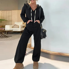 Koisoon Spring Casual Drawstring Hooded Jumpsuits Women Vintage Solid Pocket Straight Romper Autumn Long Sleeve Pullover Romper Overalls