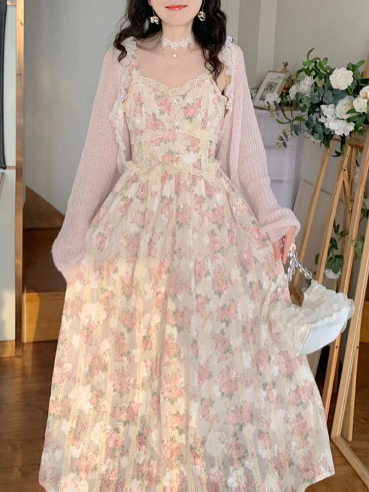 Koisoon Chiffon Lace Strap Dress Women Floral Embroidery Fairy Vintage Long Dress Female Sweet Princess Casual Party Dresses Summer