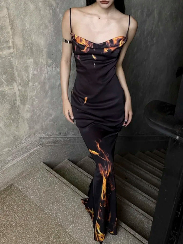 Koisoon Sexy Streetwear Flame Dress Women Pastel Goth Lace-up Straples Split Dress Emo Alternative Nightclub Black Long Dress