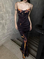 Koisoon Sexy Streetwear Flame Dress Women Pastel Goth Lace-up Straples Split Dress Emo Alternative Nightclub Black Long Dress