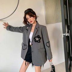 Koisoon Korean Women Suits Coats Fashion Designed Flower Love Embroidery Outwear Casual All Match Female Loose Jacket Autumn New