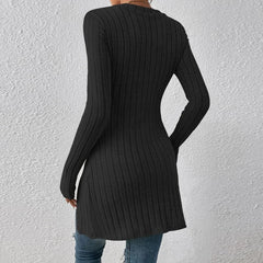 Koisoon Women Sexy Square Collar Rib Knitted Dress Spring Button Long Sleeve Bodycon T-shirts Dress Autumn Solid Split Hollow Mini Dress