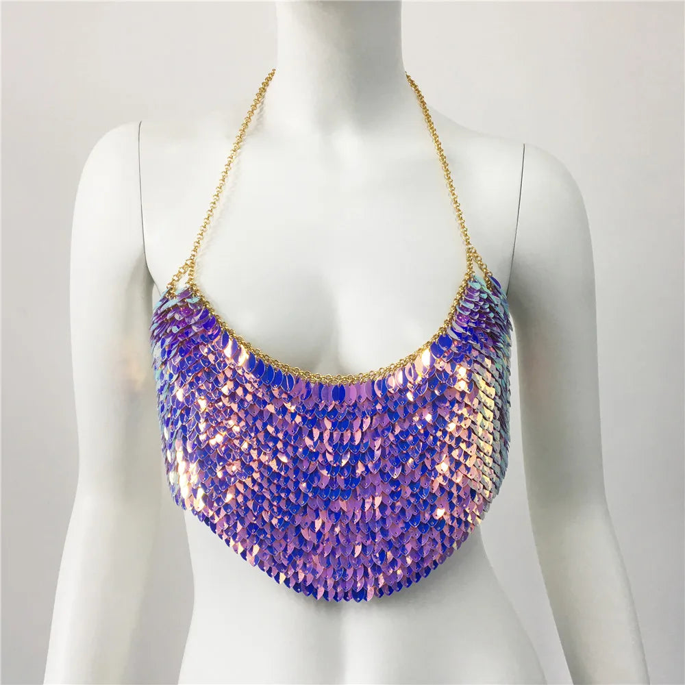 Koisoon Boho Crop Top with Shiny Sequins for Women Backless Tank Tops Sexy Halter Off Shoulder Party Outfit Club Rave Festival Cam