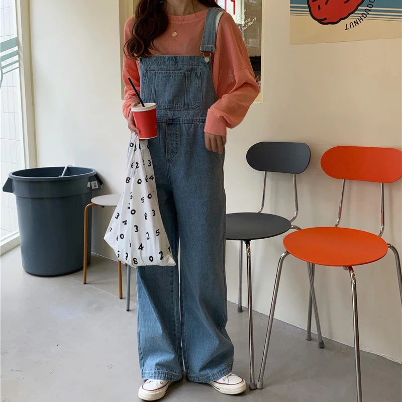 Koisoon Women Denim Overalls Vintage Streetwear Loose Jumpsuit Korean Straight Wide Leg Pants Casual Jeans All Match Trousers