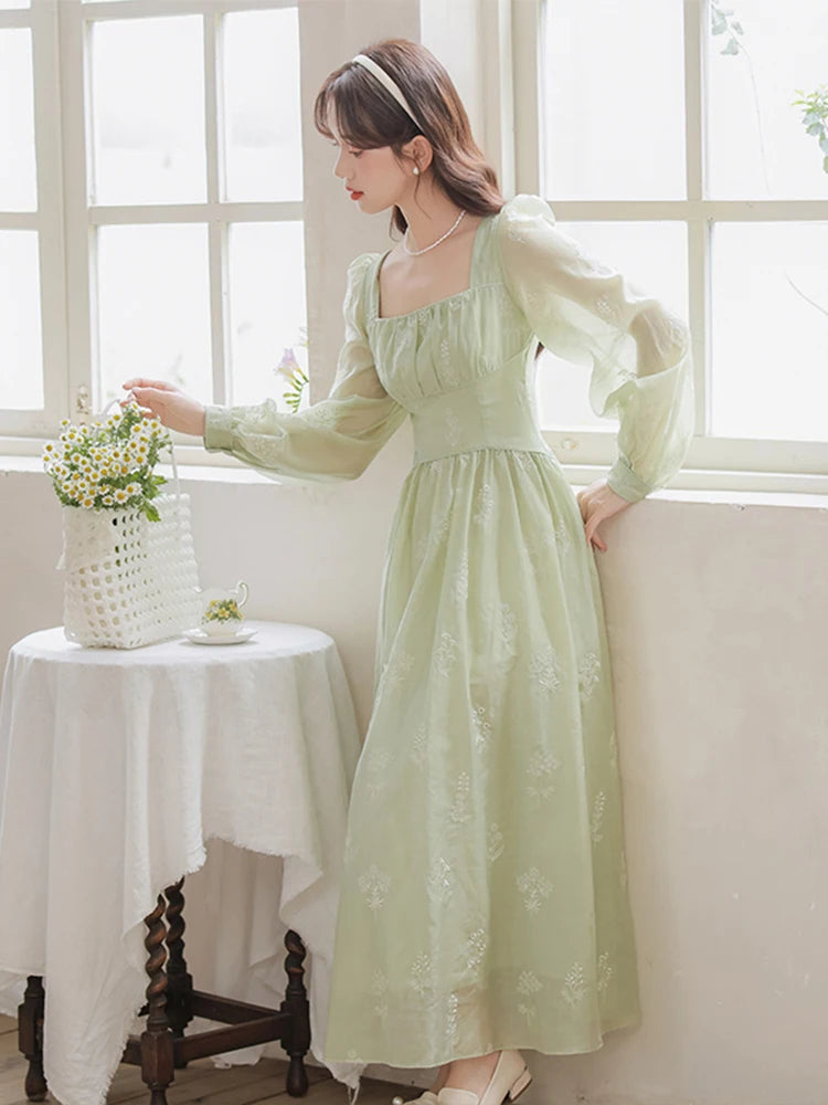 Koisoon ﻿French Elegant Green Mori Girl Style Flowers Embroidery Sweet Dress Square Collar Full Sleeve Chiffon Fashion Dress For Women ﻿