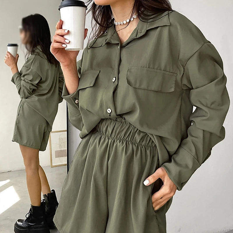 Koisoon 2024 Spring Autumn Long Sleeve 2pcs Suit Women Single Breasted Lapel Shirt Tops & Elastic Waist Shorts Set Vintage Casual Outfit