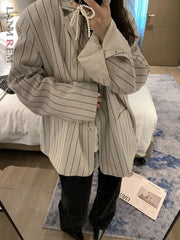 Koisoon Casual Striped Coat For Women Notched Long Sleeves Single Breasted Loose Jackets Versatile 2024 New Clothig