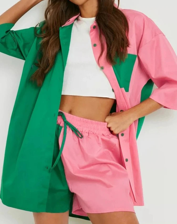 Koisoon Fashion Cotton Women Two Piece Short Sets Summer Spliced Green Pink Oversized Shirt + Shorts 2 Pieces Suit Set