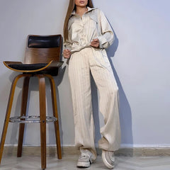 Koisoon 2024 Autumn Striped Printed Shirt Women Two-piece Set Fashion Lapel Shirt and Pants Set High Street Ladies Loose Long Pants Set