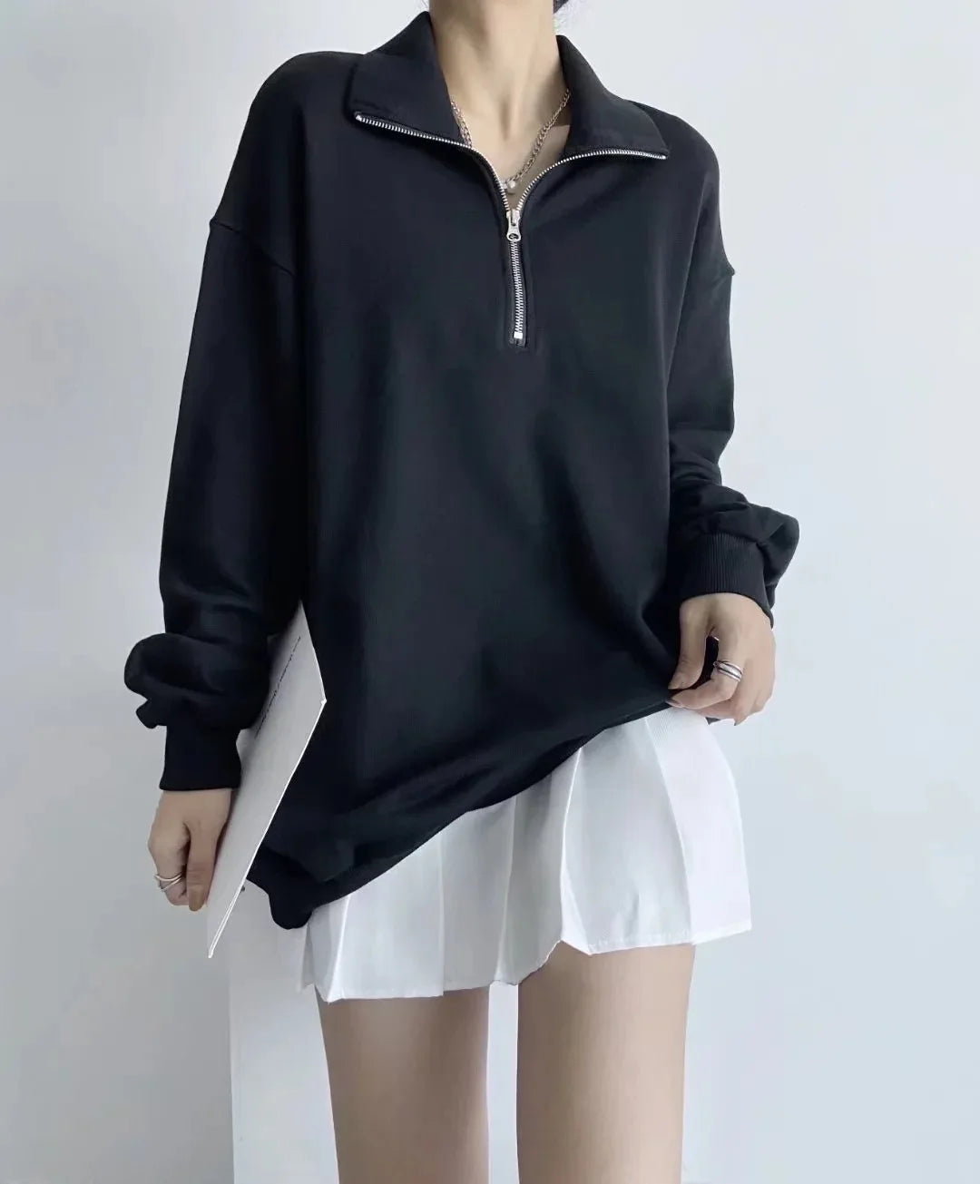 Koisoon Half Zip Up Vintage Sweatshirts Women Long Sleeve Cotton Casual Tops Oversized Street Fashion Pullover Sweats