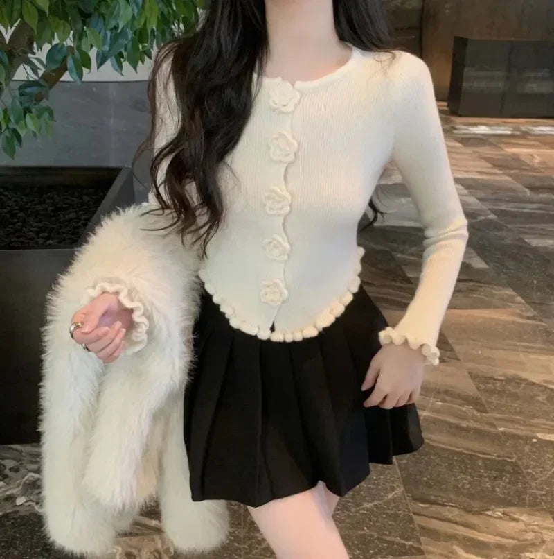 Koisoon Knitted Cardigan Women Vintage Flowers Single Breasted Slim Cropped Sweater Outwear Vintage Elegant Female Tops