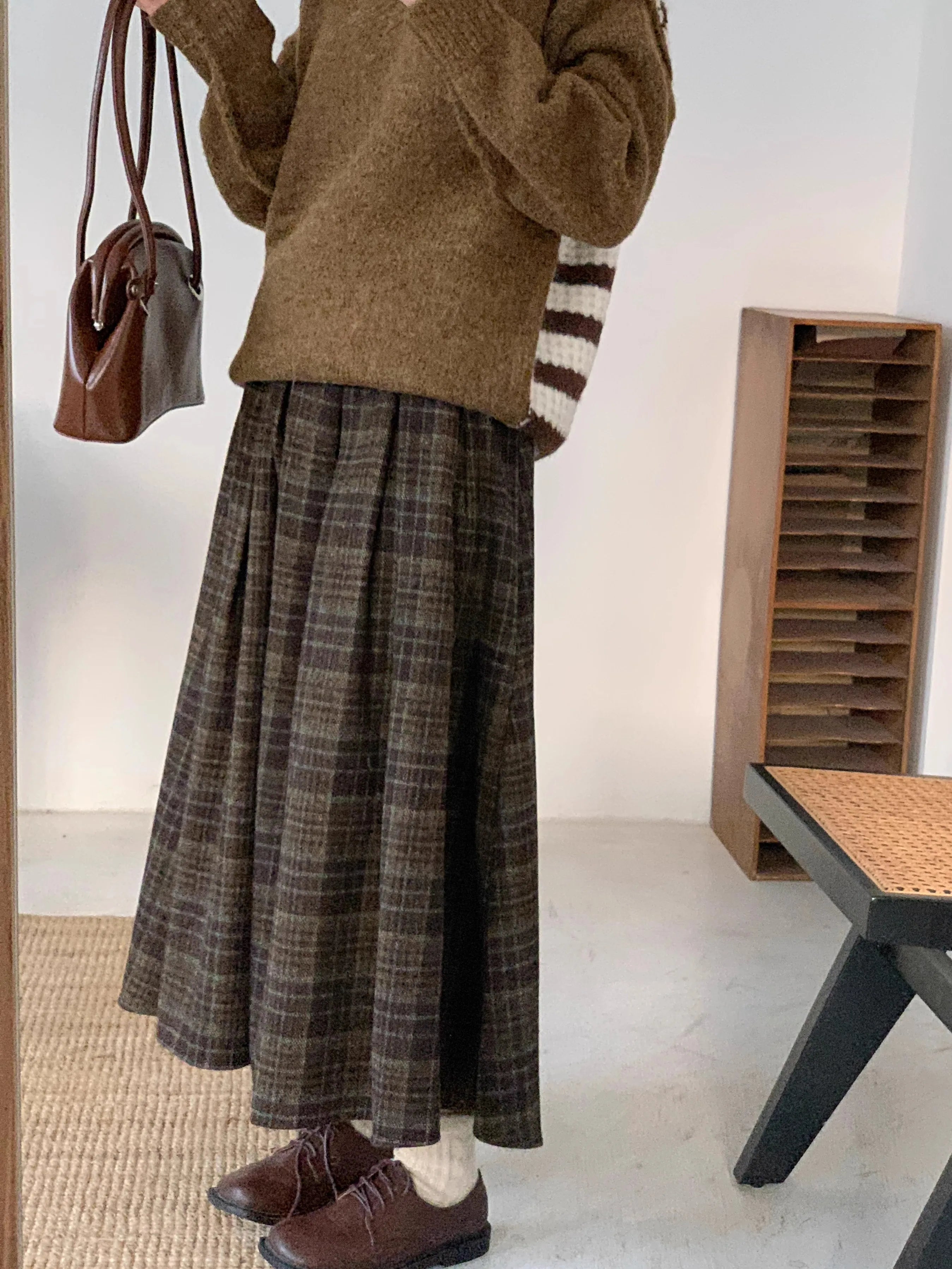 Koisoon Vintage Women Long Plaid Thick Pleated Faux Woolen Skirts For Ladies Autumn Winter A-Line Loose Casual High Waist Midi Skirt SK4