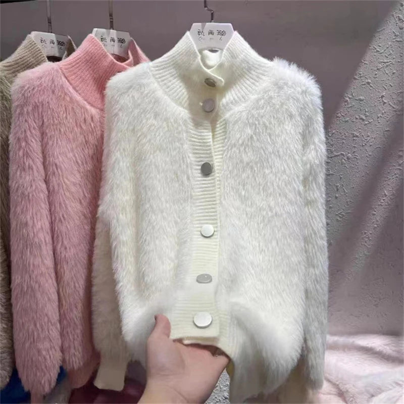 Koisoon Fashion Women Cardigan Sweater Korean All Match Hairy Loose Knitted Coats Female Casual Big Button Warm Jacket Winter New