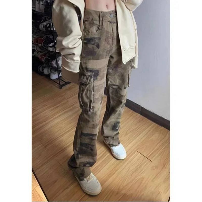 Koisoon Streetwear Fashion Women Camouflage Cargo Jeans Spring Autumn Hip Hop Vintage High Waist Pant Washed Loose Wide Leg Y2k Trousers