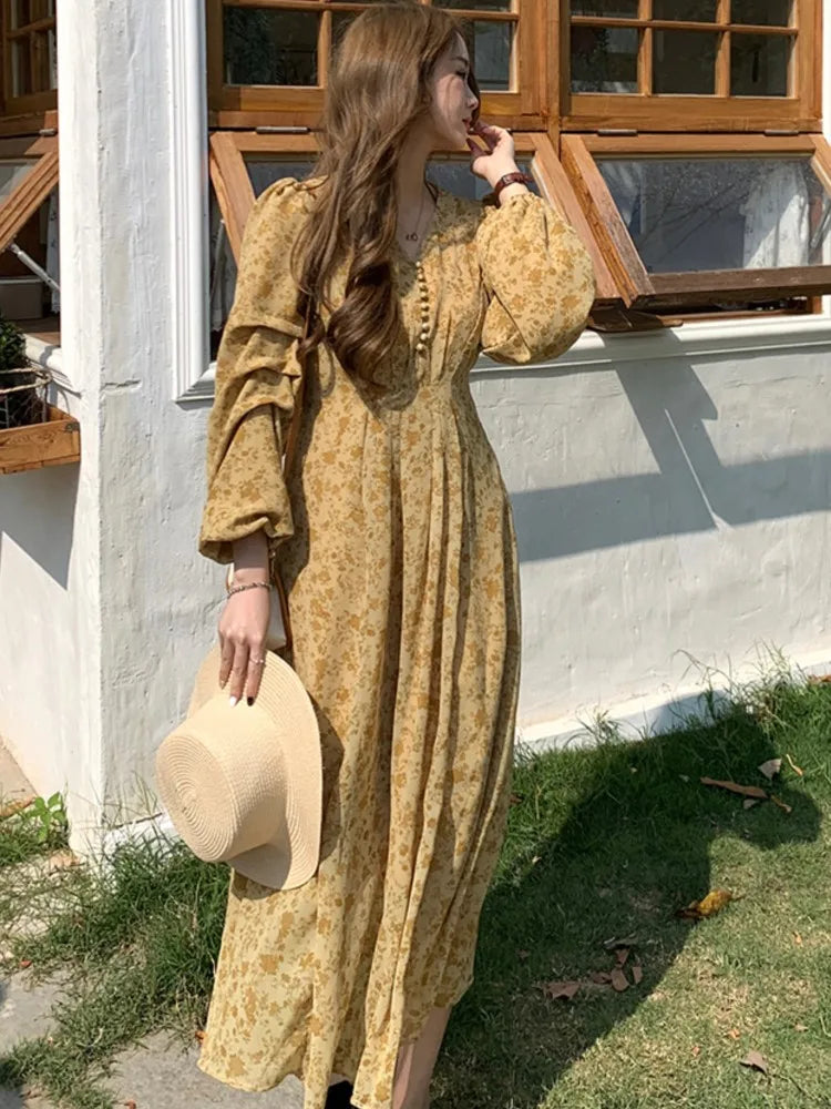 Koisoon Women Flora Print Vintage Long Dress New Puff Sleeve French Style A-line Holiday Robe Elegant V-neck Slim Vestidos Mujers