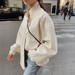 Koisoon 100% Cotton Women Jacket Fashion Stand Collar Spring Korean Thin Coats Designed Button Up Fall Oversize Female Clothes