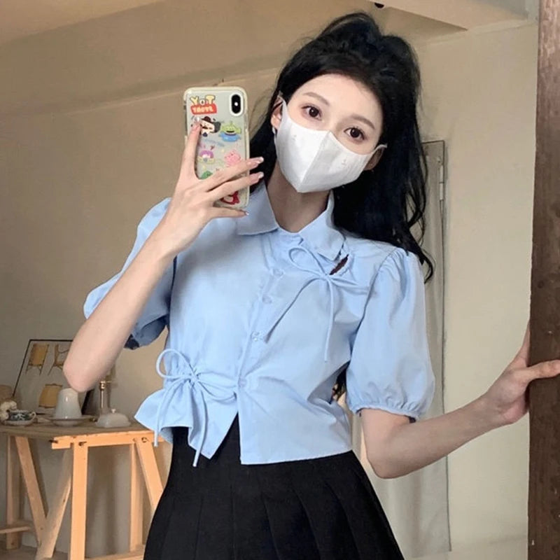 Koisoon Elegant Women Bow Shirt Korean Fashion Design Chic Tops Y2K Casual Female All Match Puff Sleeve Shirt Summer New