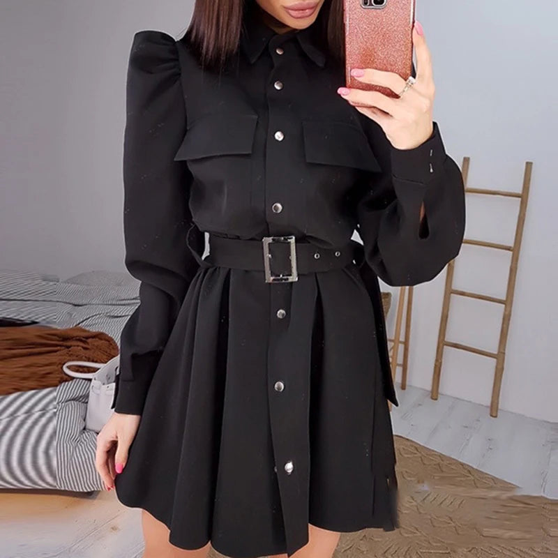 Koisoon Vintage Loose Women Solid Dresses Female Lapel Collar Puff Long Sleeve A-line Dress Fall Winter Loose Button Tie-up Mini Dress