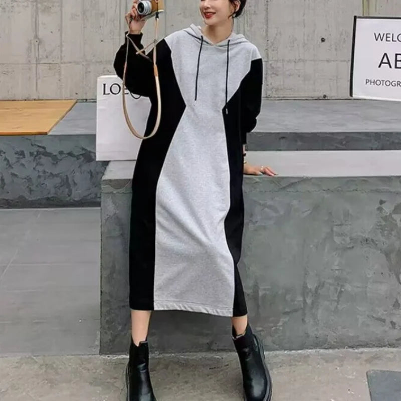 Koisoon Autumn New Loose Color Block Hoodie Dress Drawstring Patchwork Long Sleeve Pregnant Women Casual Versatile Straight Dresses