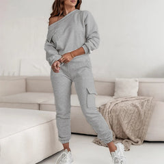 Koisoon Autumn Winter Solid Fleece Sweatshirt Suit Women Casual Off Shoulder Top Pullover & Sweatpants Set Fashion Sportswear Tracksuits