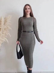 Koisoon Women Fashion Slim Piped Midi Knit Dress Casual Chic Round Neck Long Sleeved Dresses Autumn Winter Lady Elegant Vestidos