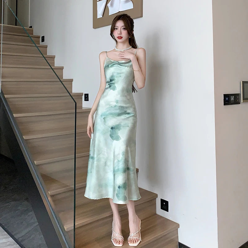 Koisoon Vintage Print Satin Midi Dresses Female Summer French Elegant Chic Swinging Collar Slim Camisole Green Clothes for Women