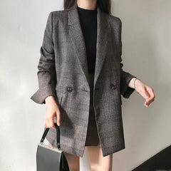 Koisoon Plaid Double Breasted Pockets Formal Jackets Checkered Winter Spring Women's Blazers Outerwear Tops