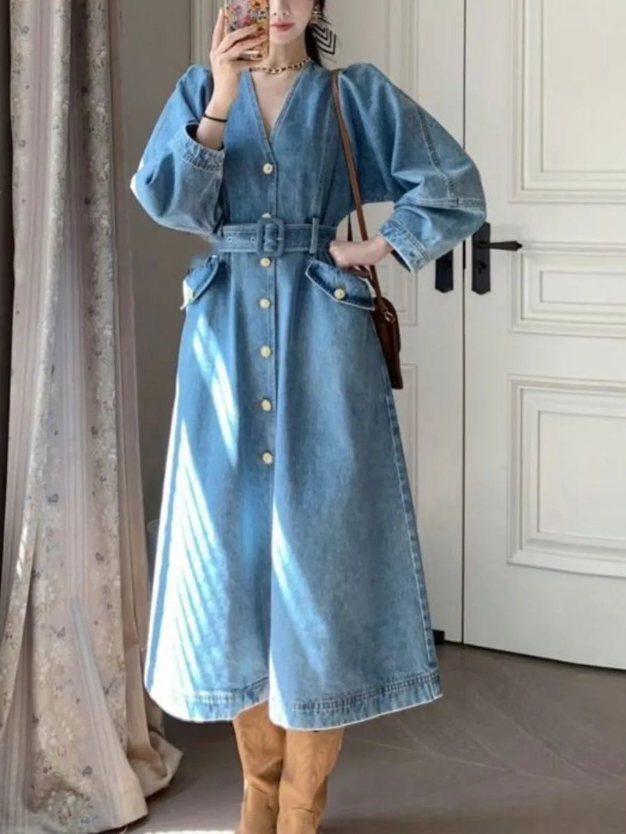 Koisoon V Neck Denim Dress Women Spring Autumn French Style A-line Jeans Long Sleeve Dress Single Breasted Casual Solid Robe