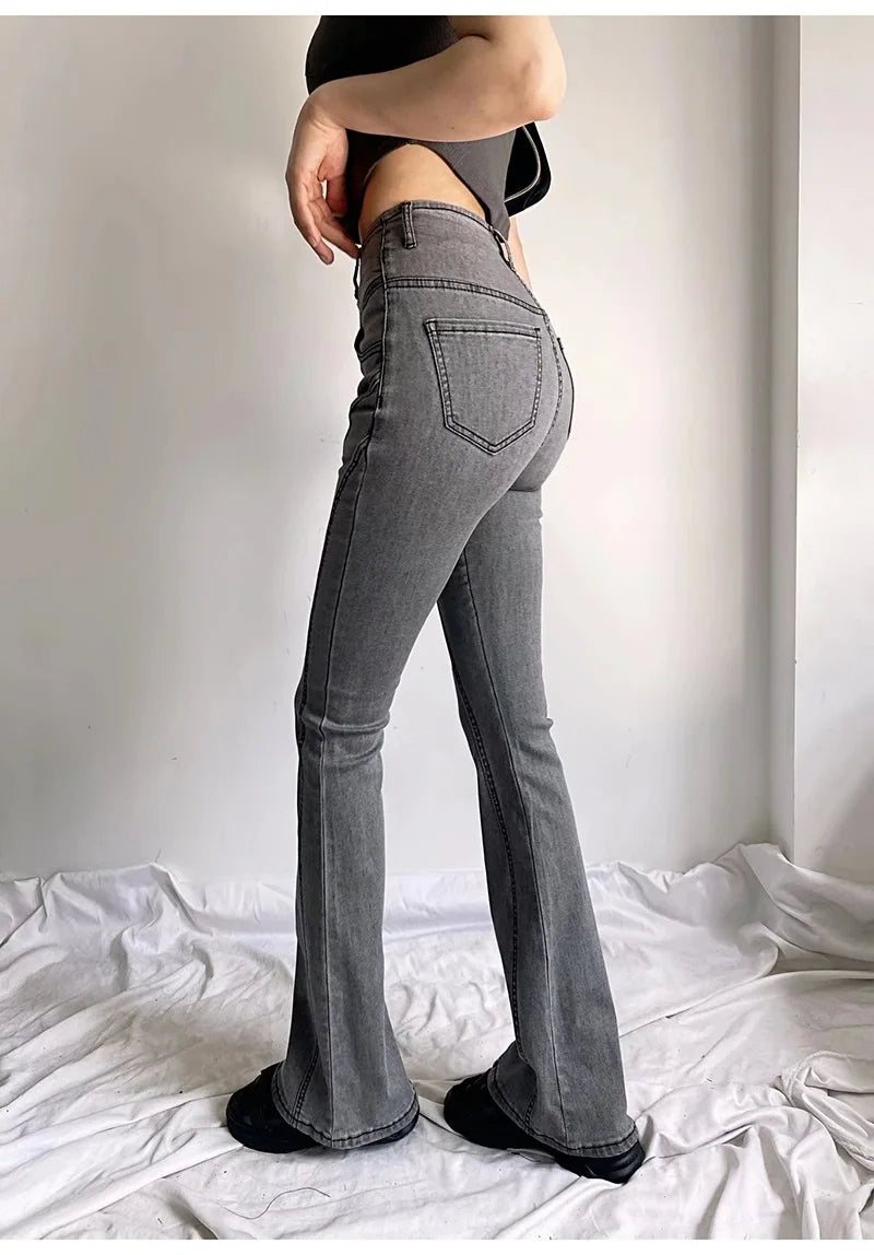 Koisoon Gray Stretch Flare Jeans For Women High Waist Women's Skinny Denim Pants With Buttons Women Flare Leg Jeans Stretch Trousers