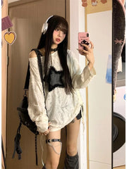 Koisoon Y2k Top Star Printed Oversized Hollow Out Off The Shoulder Tops Long Sleeves Korean Fashion Drawstring Streewear 2024