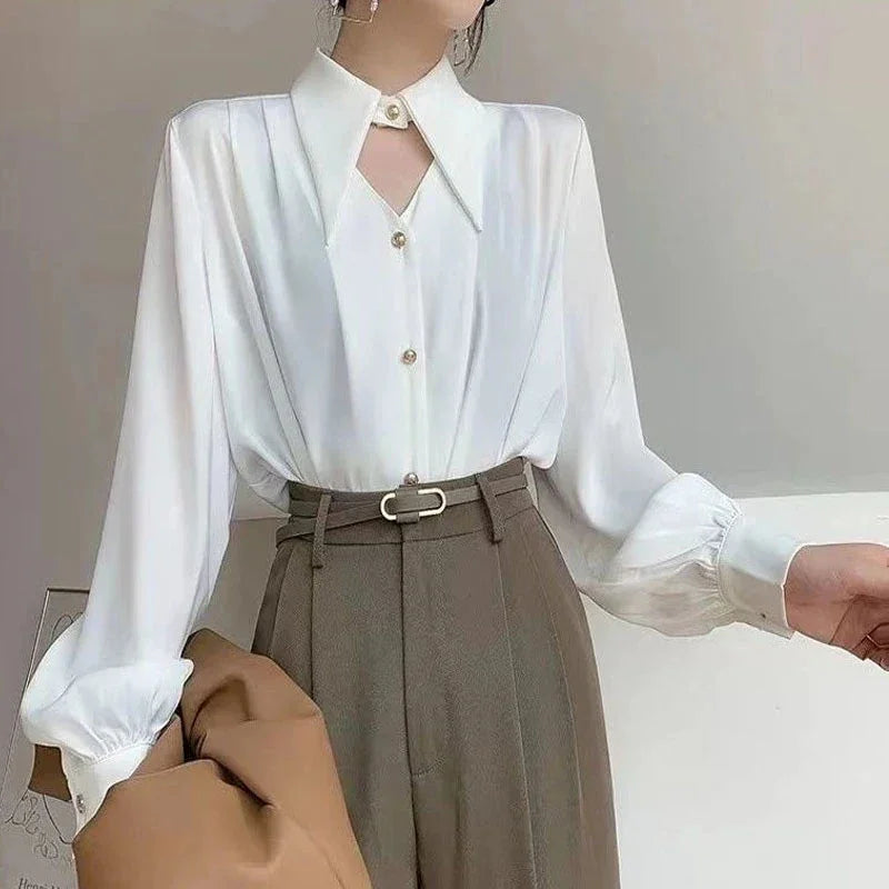 Koisoon Elegant Chic Shirts Women Turn Down Collar Long Sleeve Hollow Out Blouse Office Lady Spring Korean Ol Solid Button Tops