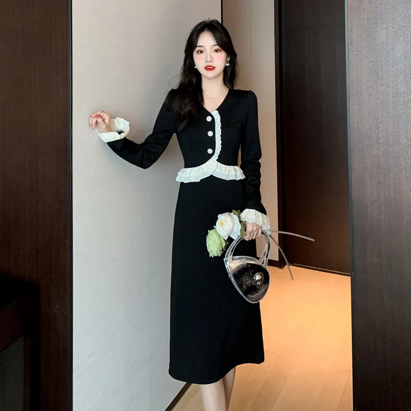 Koisoon Elegant Party Fashion Black Midi Dresses for Women Autumn New V-neck Long Sleeve Patchwork Korean Chic Slim Female Clothing