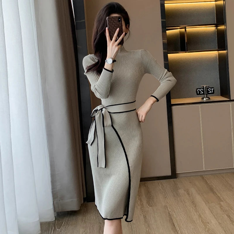 Koisoon Vintage Knitted Bodycon Dress One-Piece Patchwork Slim Woman Long Sleeve Lace Up Midi Dress Elegant Sweater Dresses Autumn