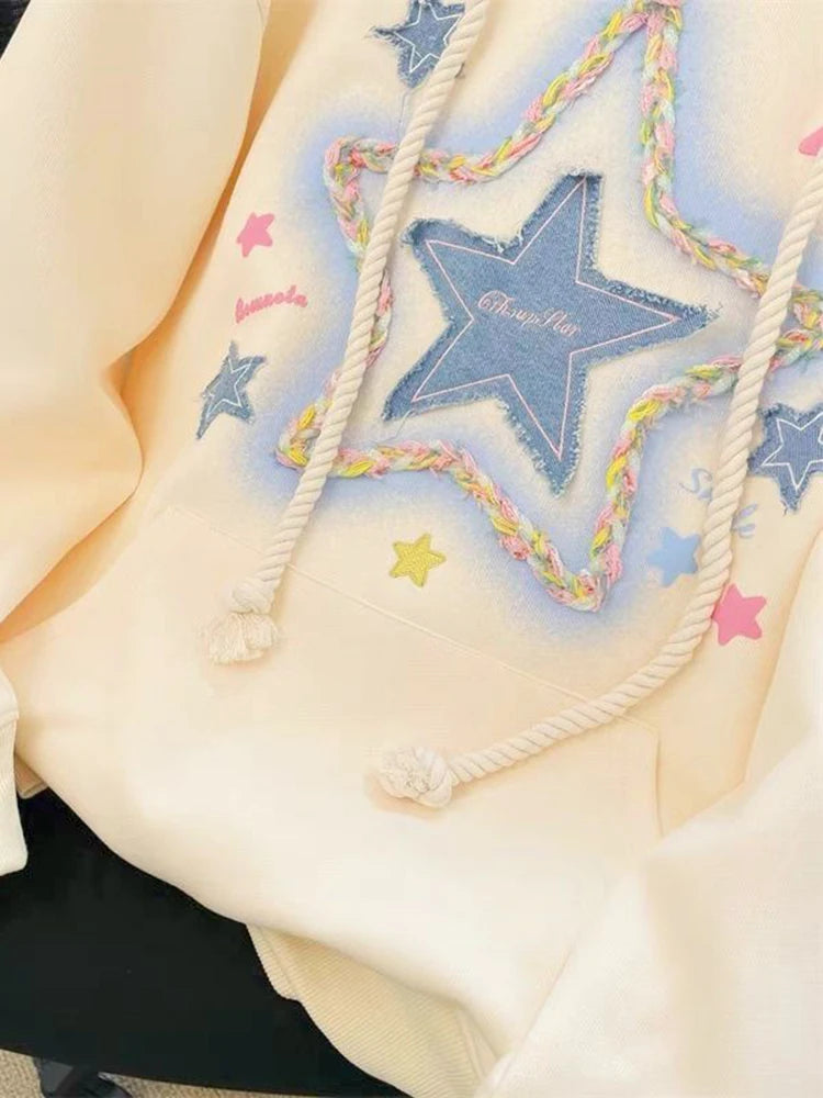 Koisoon Vintage Star Print Hoodies Women Streetwear Loose Long Sleeve Sweatshirts American Retro Bf Casual Harajuku Pullover Tops