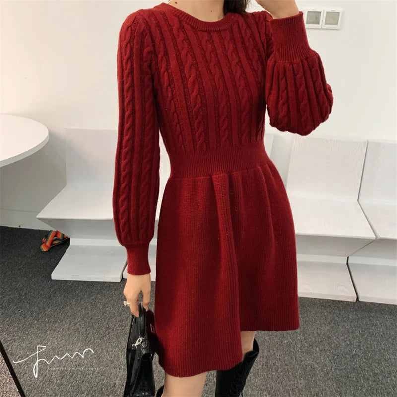 Koisoon Women Sweater Long Sleeve Dresses Autumn Winter Knitted Patchwork Slim O Neck Elegant Solid Color New Year Pullover Dresses