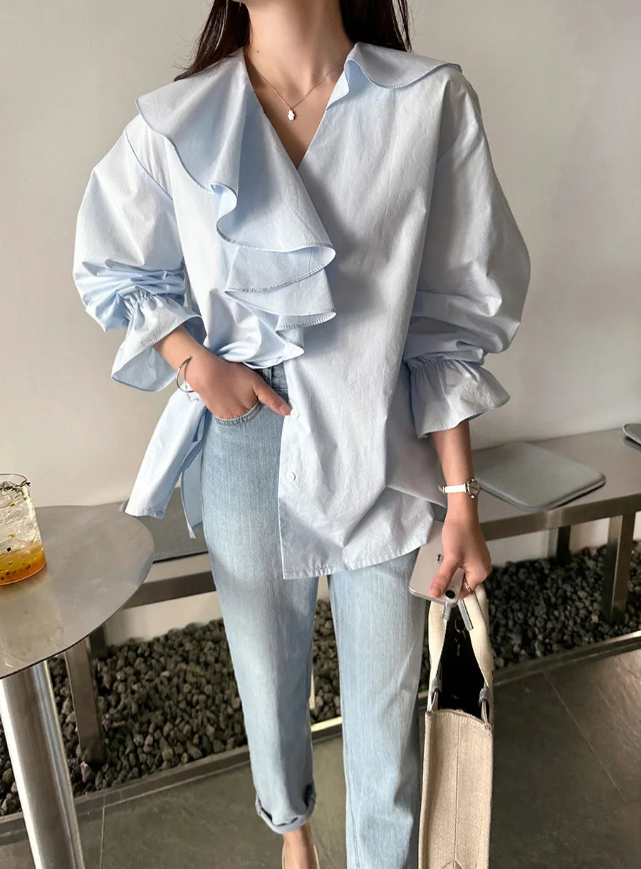 Koisoon Ruffles V-Neck Cotton Shirts Elegant Women Female Lantern Sleeve Tops Blouses Casual OL Shirt Blusas Spring Summer