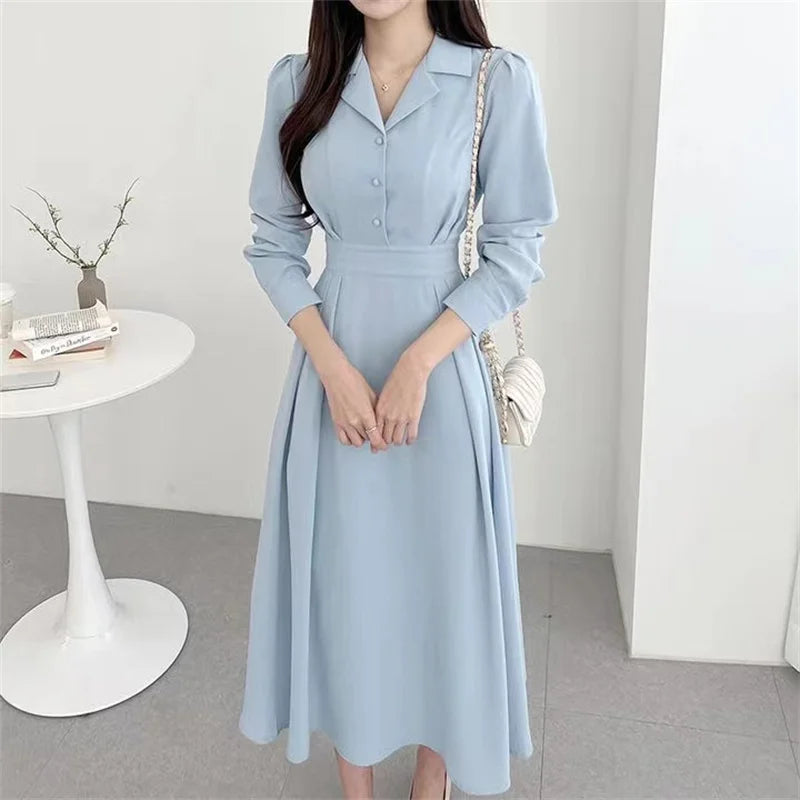 Koisoon Fashion Solid Color Dress Korean Women's Spring New Lapel Elegant Slim Waist Thin Puff Long Sleeve Dresses Office Lady