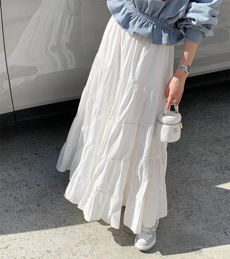 Koisoon Elegant Women White Pockets Long Tiered Skirts For Female Office Ladies Casual  Korean Loose A-Line High Waist Maxi Skirt