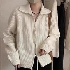 Koisoon Autumn Winter Double Zipper Sweater Women Korean Fashion Long Sleeve Knitted Cardigans Female Stand-up Collar Knitting Coat