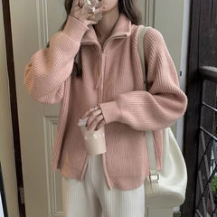 Koisoon Autumn Winter Double Zipper Sweater Women Korean Fashion Long Sleeve Knitted Cardigans Female Stand-up Collar Knitting Coat