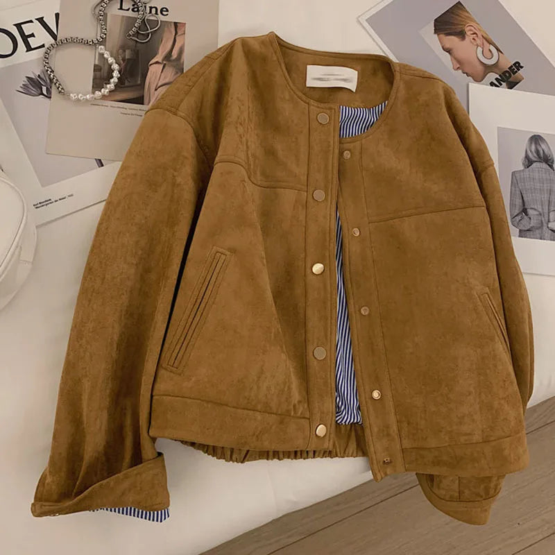 Koisoon Suede Short Jacket Women Korean Camel Fashion Long Sleeve Flight Suit Harajuku Single Breasted Loose Tops Female Vintage Coats