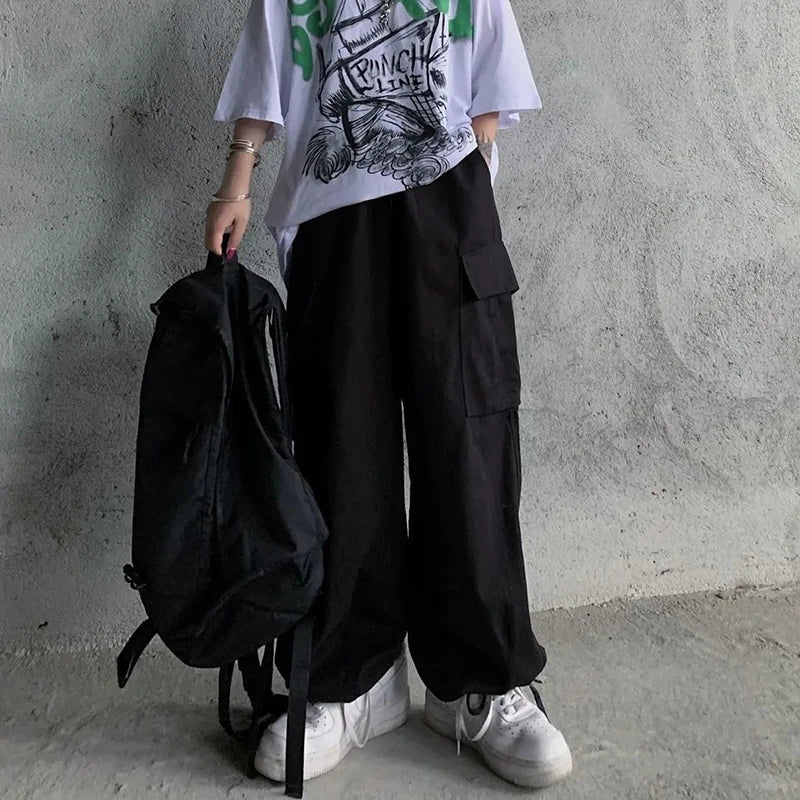 Koisoon Harajuku Women Cargo Pants Japan Style Casual Big Pocket Wide Leg Pants Summer All Match Female Loose Straight Trousers