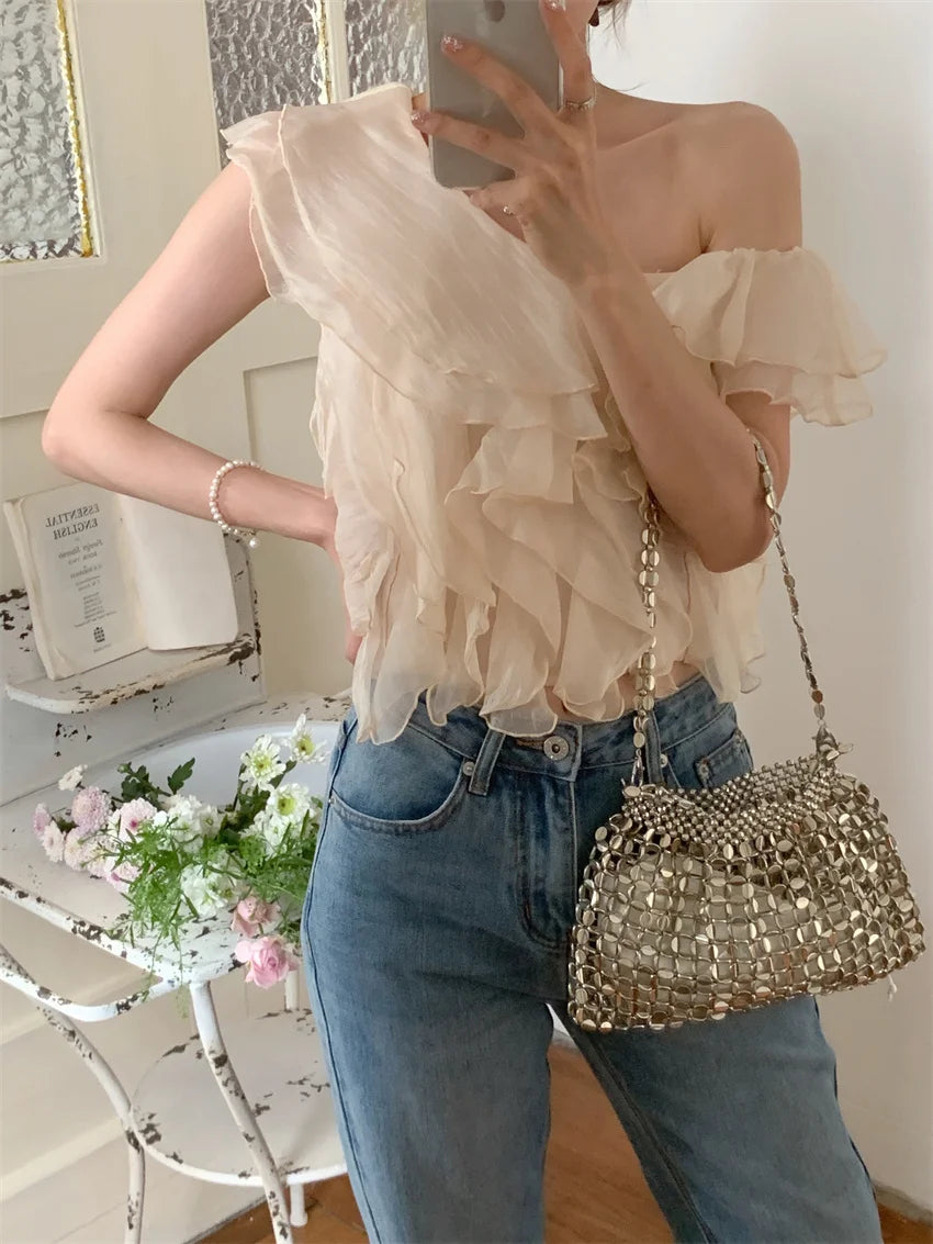 Koisoon S-M Apricot Blouses Ruffles Daily Summer Gentle Skew Collar Tank Tops Slim New Elegant Office Lady Chic Solid